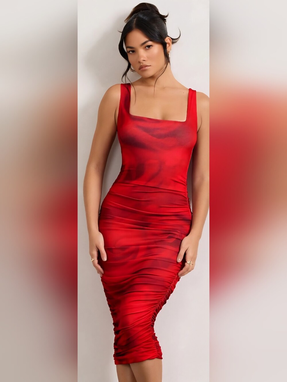 Club L London Red Square-Neck Ruched Midi Dress